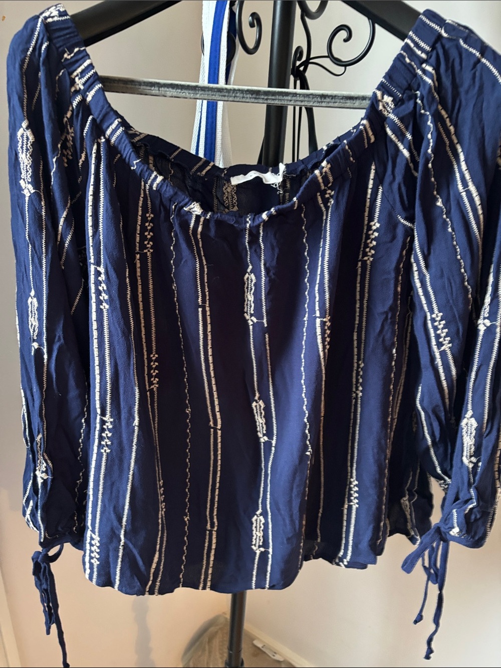 Lush Navy Blue Off-Shoulder Striped Peasant Blouse